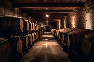 Cellar filled with wooden barrels storing wine. Generative AI
