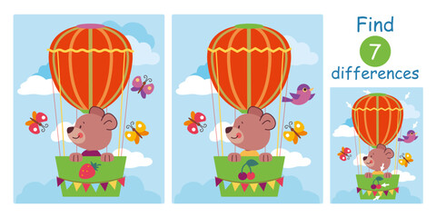 Find differences, education game for children. Cute cartoon teddy bear, butterflies, bird, balloon with basket, sky. Flat vector illustration with bear cub flying hot air balloon in sky.