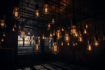 Naklejka na ściany i meble A dark room with multiple light bulbs hanging from the ceiling, including a single lightbulb and a string of bulbs. Generative AI