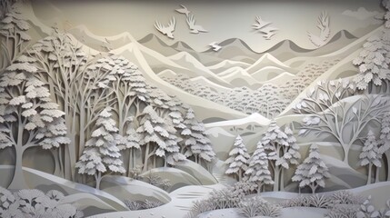 Traditional christmas paper cut art piece with a snowy landscape. Generative AI
