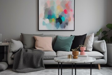 Gray Scandinavian sofa with multi-colored pillows in vibrant living room with abstract art. Generative AI