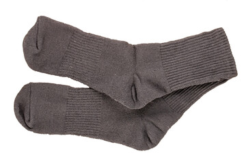 One pair of men's socks, macro, isolated on white background, top view.