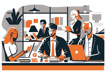 Group of business people working in office, collaborating on a project, sharing ideas. AI generative illustration, vector flat design style