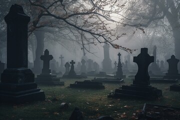 Eerie graveyard scene with tombstones and trees blanketed in mist for Halloween. Generative AI