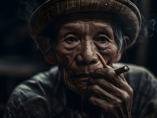 Grandfather smokes, old farmer smokes traditional tobacco, ai generated