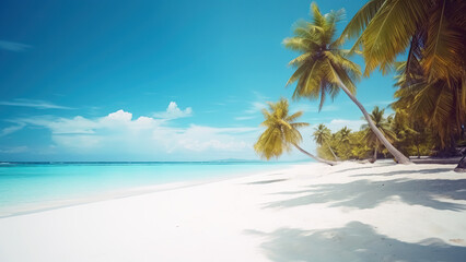 Fototapeta na wymiar Tropical beach with palm trees and white sand. Generative ai and digital editing.