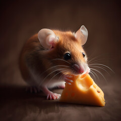 Gray mouse with a piece of cheese on a dark background created with Generative AI technology.