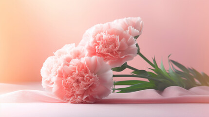 Design concept of Mother's day holiday greeting design with carnation bouquet on pastel pink table background, generative ai