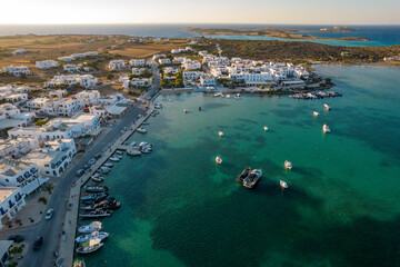 Aerial panorama view   of antiparos with the traditional white houses in cyclades , Greece.