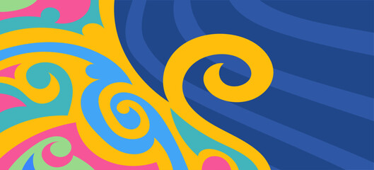 Abstract background with curly swirl decorative ornament on curvy stripes background.