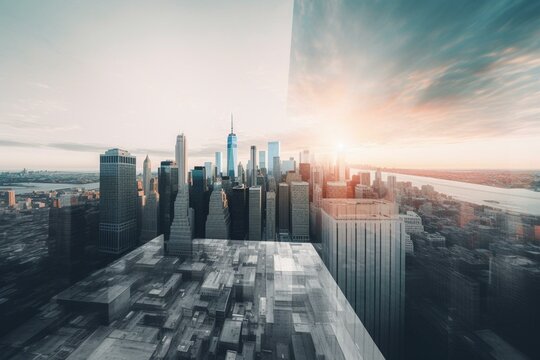 Cityscape of the future with clipped horizon. Generative AI © Gareth