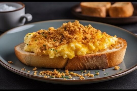 Scrambled egg toast with bread crumbs on a white plate. Generative AI