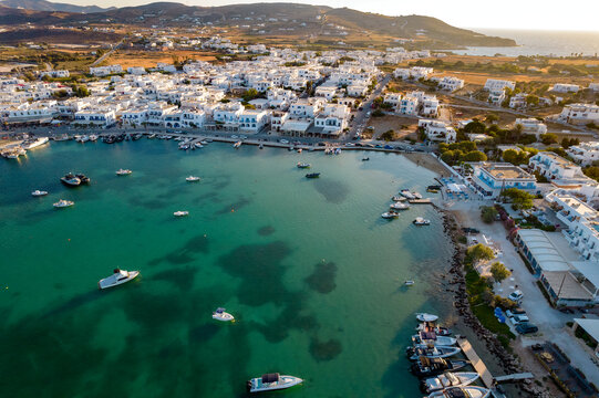 Aerial panorama view   of antiparos with the traditional white houses in cyclades , Greece.