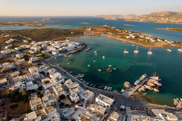 Aerial panorama view   of antiparos with the traditional white houses in cyclades , Greece.