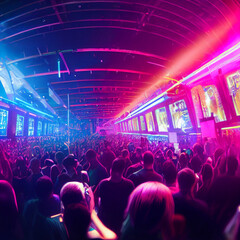A huge crowded disco party in a nightclub. Disco. generative ai. Nightclub. Big party
