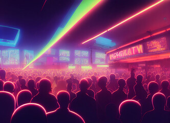 Naklejka na ściany i meble A huge crowded disco party in a nightclub. Disco. generative ai. Nightclub. Big party