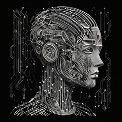 Robotic AI head with neural network brain. Robotic cyborg concept with vr reality. binary background in monochrome design.  for symbol or tattoo.