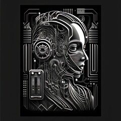Robotic AI head with neural network brain. Robotic cyborg concept with vr reality. binary background in monochrome design.  for symbol or tattoo.
