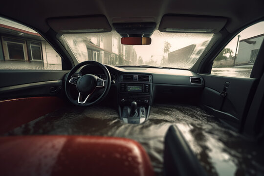 The interior of a car flooded with water. Car insurance concept. Generative ai