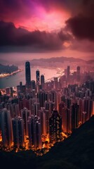 Fototapeta premium Beautiful pink sky sunlight above the city. Generative AI