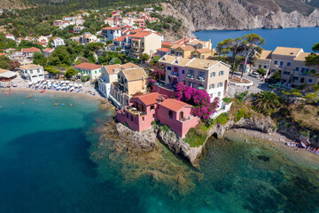 aerial view of the beautiful Assos village in kefalonia island, ionian, west Greece.