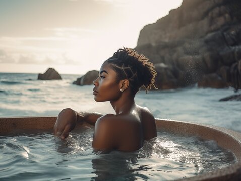 Afrohaarige Frau entspannt in Badewanne am Meer, generative AI.