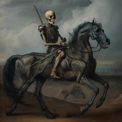 Human skeleton rides a horse, retro drawing, vintage engraving style, ai generative