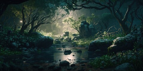 A fantastic mystical landscape of the elven gorge. Grim mountains, trees, and a stream. A magical place in the middle of the forest illuminated by magical lanterns, fireflies. AI generated.
