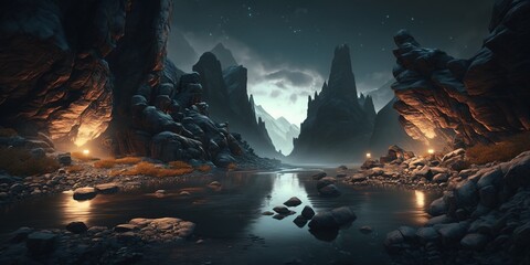 Epic dark background, gloomy river, gorge in the mountains. Scary night scenery. Generated by AI.