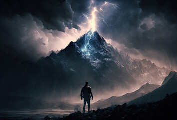 A man stands with his back to the high mountains and a stormy night sky. Bright flashes of lightning illuminate the man's silhouette. The concept of courage, of struggle AI generated
