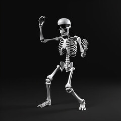 Human skeleton in virtual reality glasses dancing on a black background, ai generative