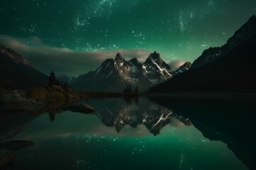 Aurora above mountain reflected in lake. Generative AI
