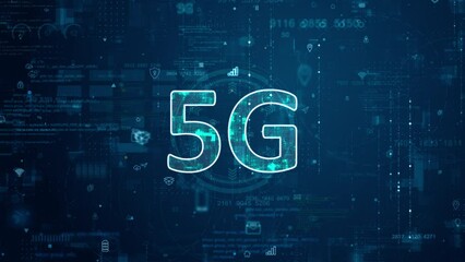 Motion graphic of Blue digital 5G letter logo and futuristic circle HUD with big data processed on grid line background and technology ai icon screen abstract background next generation concepts - Powered by Adobe