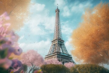 Stunning watercolor of Eiffel Tower in Paris in spring. Generative AI