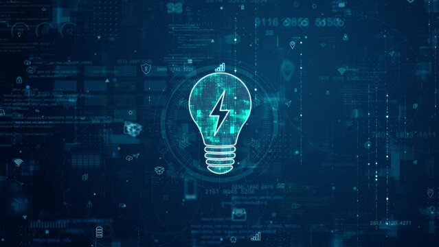 Motion graphic of Blue digital Lamp logo and futuristic circle HUD with big data processed on grid line background and technology ai icon screen abstract background good idea concepts
