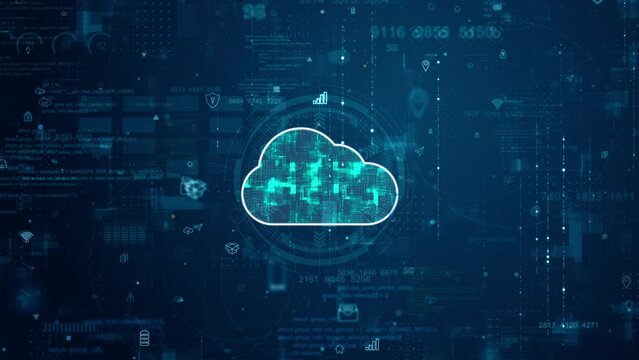 Motion graphic of Blue digital cloud computing logo and futuristic circle HUD with big data processed on grid line background and technology ai icon screen abstract background cloud storage concepts