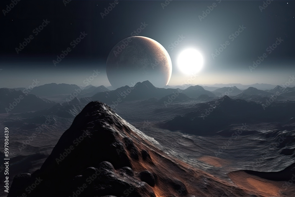 Sticker surface of unknown planet with craters and mountains. rising star in sky against of lifeless planet 