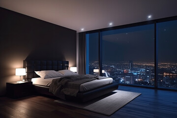 Luxury apartment bedroom interior. Large bed in living room with night city view in window. Hotel bedchamber. Created with Generative AI