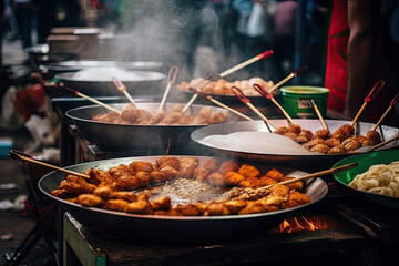 Fototapeta premium Asian street food. Fried take away food on sticks. Traditional oriental dishes at street market. Created with Generative AI