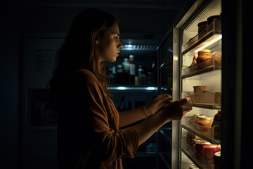 Hungry woman looking for food in fridge at night. Female standing in front of open refrigerator. Created with Generative AI