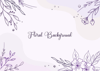 Obraz na płótnie Canvas Beautiful Purple floral background with hand drawn leaves and flower border on pastel flat color for wedding invitation or engagement or greeting card
