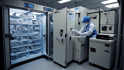 A freezer storing samples at ultra-cold temperatures