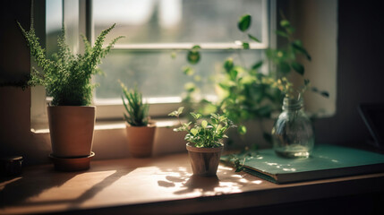 Desk of free space with green plant and window of spring time, generative ai