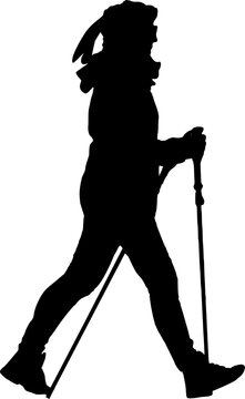 Silhouette: Frau beim Nordic Walking
