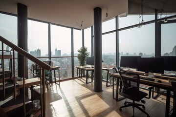 Front view of modern coworking office with computers, wooden floor, stairway & city view from window. Generative AI