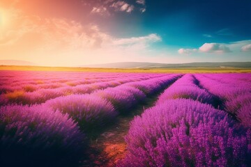Obraz na płótnie Canvas A meadow of lavender blossoms under a vivid azure horizon. Scenery. Generative AI
