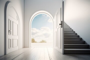 3D illustration of stairs leading to sky through open door against white walls and floor. Symbolizes business success. Generative AI