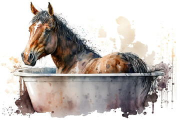 horse sitting in bathtub in aquarelle style, ai generated
