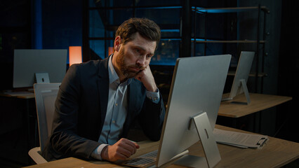 Bored exhausted Caucasian businessman ill sick middle-aged man tired lazy worker employee manager...
