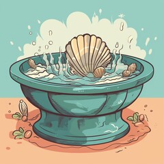 Cartoon baptismal font and shell with symbolic significance in Christian baptism Generative AI